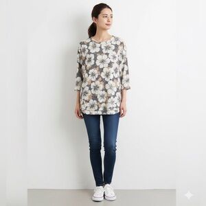Ralph Lauren Floral Long Sleeve Top - Gray, White, Gold